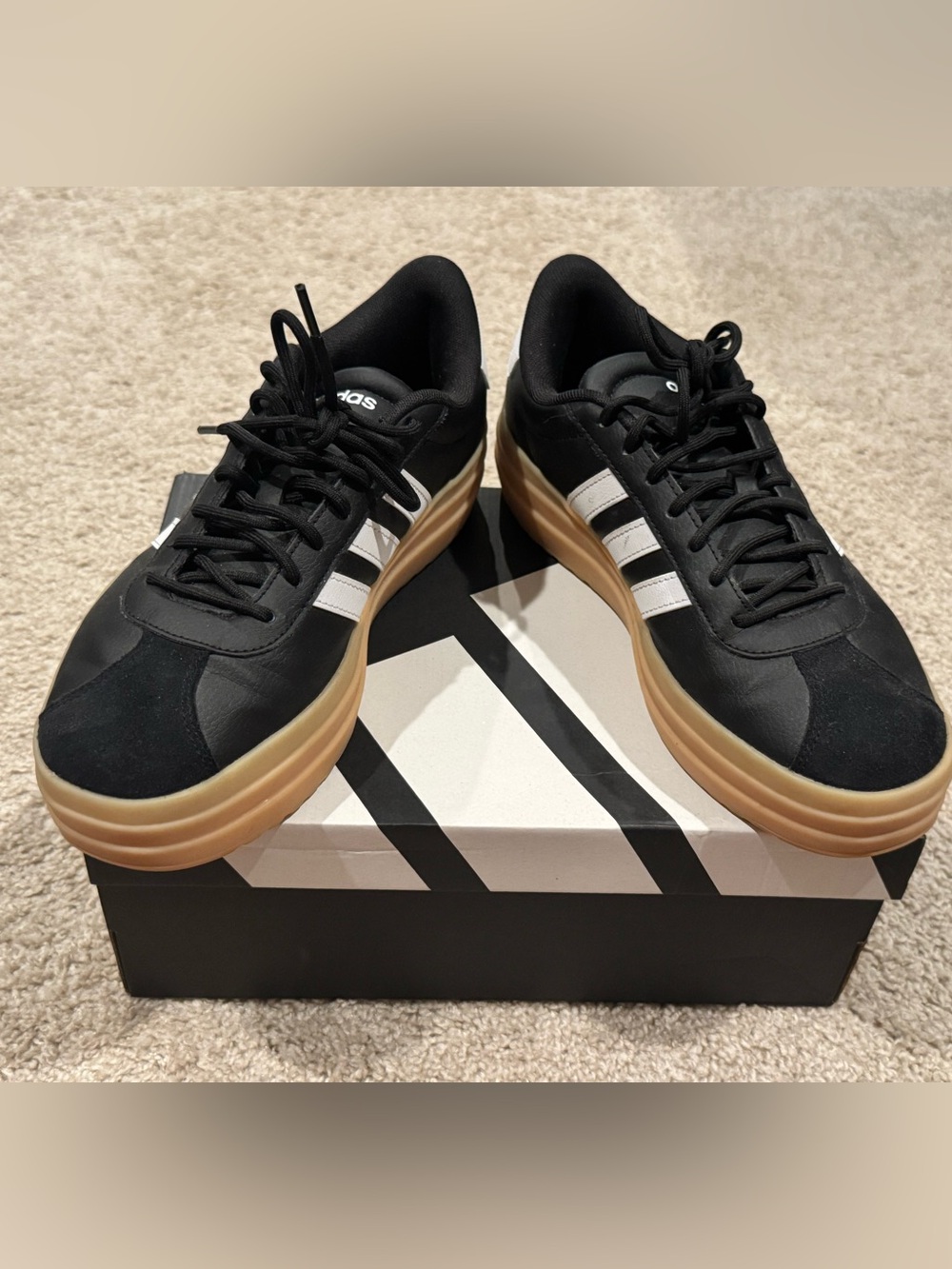 adidas Black Sneakers with White Stripes and Gum Platform Sole